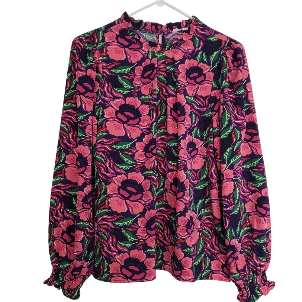 Michelle‎ McDowell Bold Floral Long Sleeve Feminine Chic Navy Pink Ruffle Top Sm
